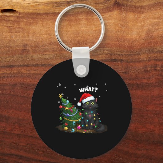 Funny Black Cat Pushing Christmas Tree  Sleutelhanger (Voorkant)