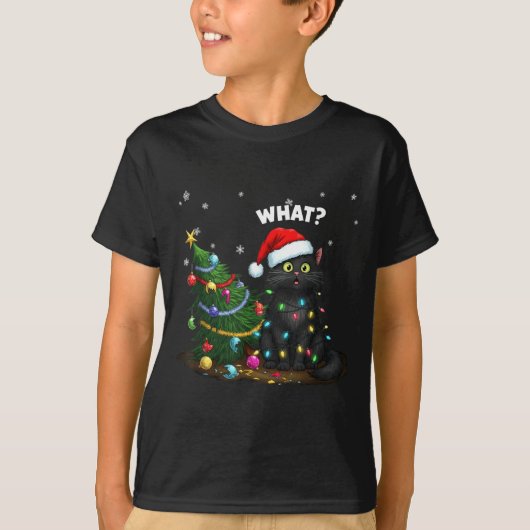 Funny Black Cat Pushing Christmas Tree  T-shirt (Voorkant)