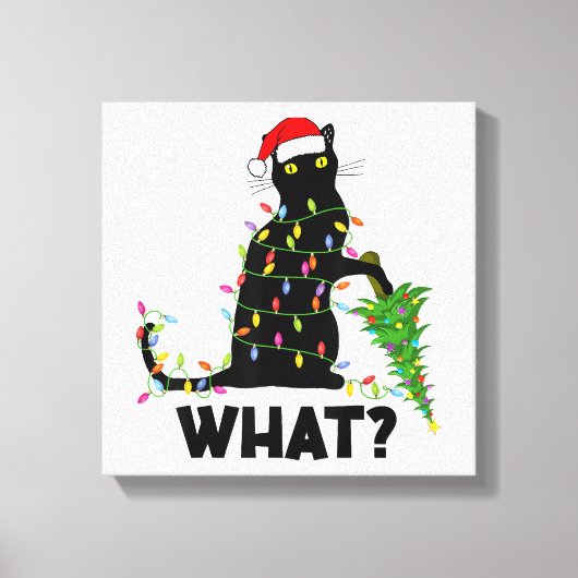 Funny Black Cat Pushing-kerstboom over Cat Ch Canvas Afdruk (Voorkant)