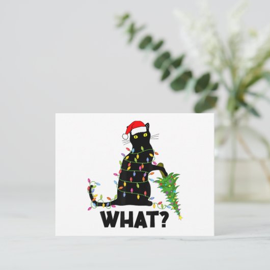 Funny Black Cat Pushing-kerstboom over Cat Ch Feestdagenkaart (Staand voorkant)