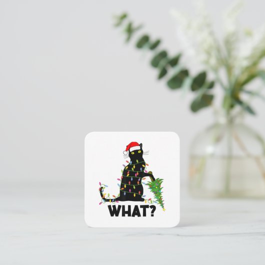 Funny Black Cat Pushing-kerstboom over Cat Ch Vierkante Visitekaartje (Staand voorkant)