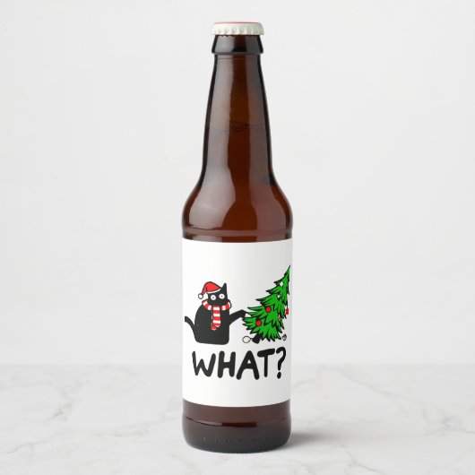 Funny Black Cat Pushing-kerstboomklep Bier Etiket (Voorkant)