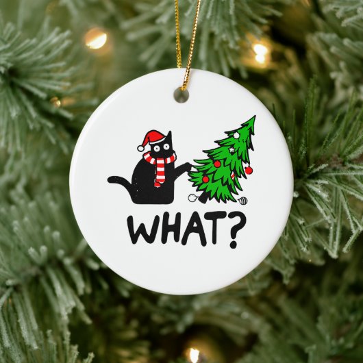 Funny Black Cat Pushing-kerstboomklep Keramisch Ornament (Boom)