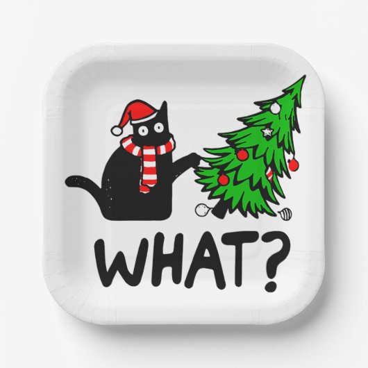 Funny Black Cat Pushing-kerstboomklep Papieren Bordje (Voorkant)