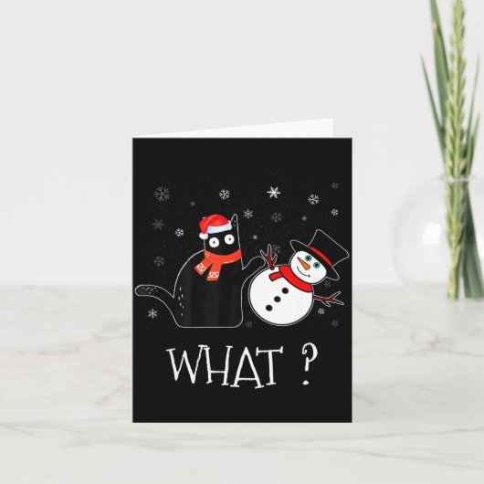 Funny Black Cat Pushing Snowman Christmas Winter C Kaart (Voorkant)