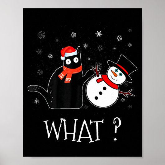 Funny Black Cat Pushing Snowman Christmas Winter C Poster (Voorkant)
