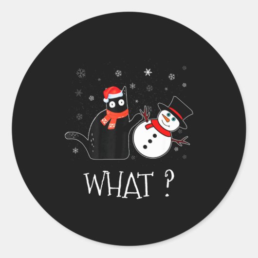 Funny Black Cat Pushing Snowman Christmas Winter C Ronde Sticker (Voorkant)