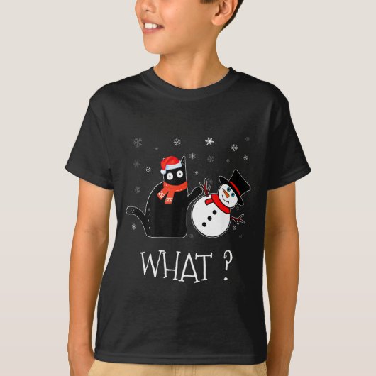 Funny Black Cat Pushing Snowman Christmas Winter C T-shirt (Voorkant)