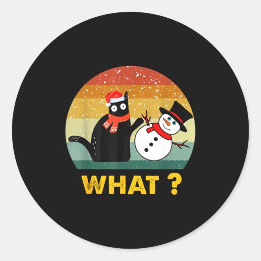 Funny Black Cat Pushing Snowman Xmas Winter Costum Ronde Sticker (Voorkant)
