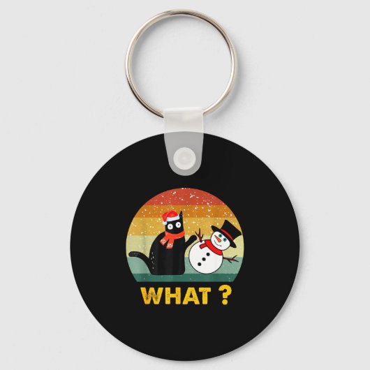 Funny Black Cat Pushing Snowman Xmas Winter Costum Sleutelhanger (Voorkant)