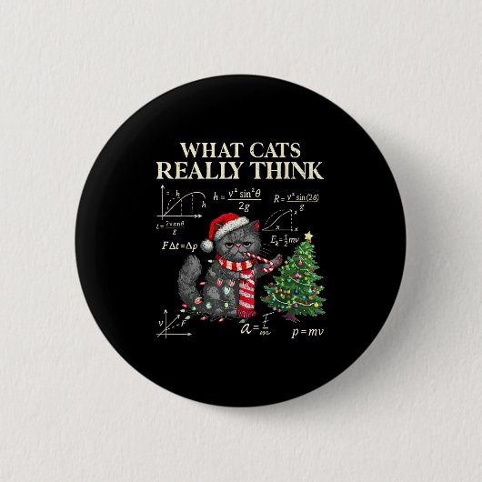 Funny Black Cat Pushing Xmas Tree Over Cats Physic Ronde Button 5,7 Cm (Voorkant)