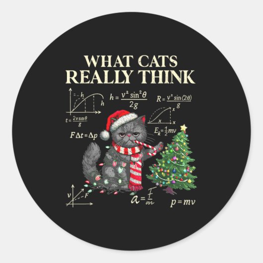 Funny Black Cat Pushing Xmas Tree Over Cats Physic Ronde Sticker (Voorkant)