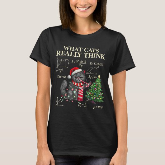 Funny Black Cat Pushing Xmas Tree Over Cats Physic T-shirt (Voorkant)