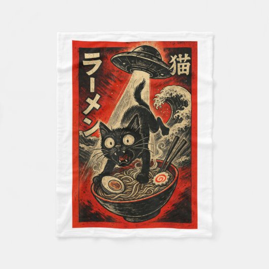 Funny Black Cat Ramen Alien Ufo Abduction Japanese Fleece Deken (Voorkant)