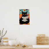 Funny Black cat Reading Newspaper  Poster (Keuken)