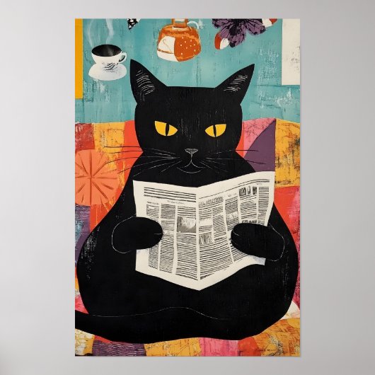 Funny Black cat Reading Newspaper  Poster (Voorkant)