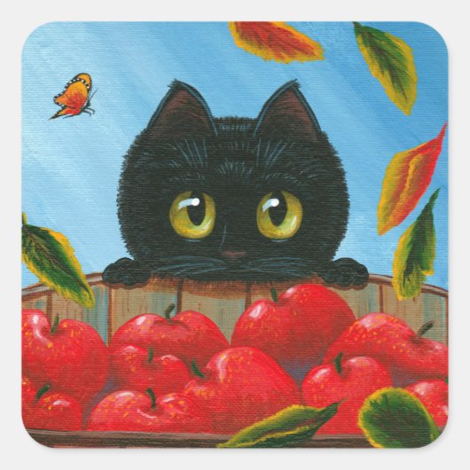 Funny Black Cat Red Apples Creationarts Square Sti Vierkante Sticker (Voorkant)