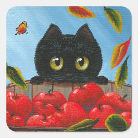Funny Black Cat Red Apples Creationarts Vierkante Sticker (Voorkant)