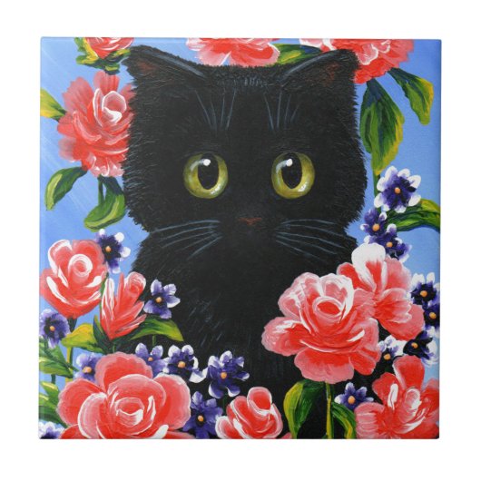 Funny Black Cat Red Roses Flowers Tegeltje (Voorkant)