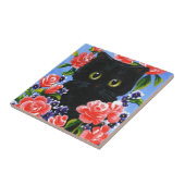 Funny Black Cat Red Roses Flowers Tegeltje (Zijkant)