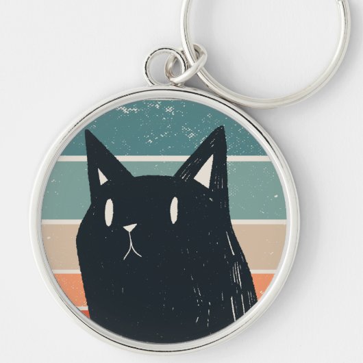 Funny Black Cat Retro-stijlontwerp Sleutelhanger (Voorkant)