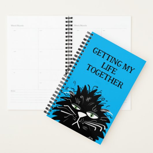 Funny Black Cat Tired overwerkt Planner (Display)