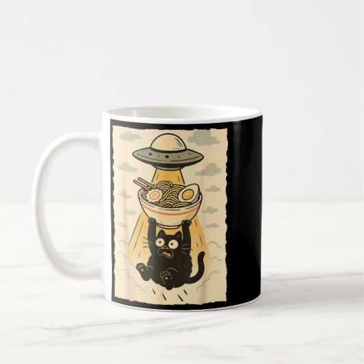 Funny Black Cat Ufo Ramen Alien Abduction Graphic  Koffiemok (Links)