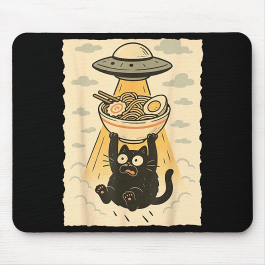 Funny Black Cat Ufo Ramen Alien Abduction Graphic  Muismat (Voorkant)