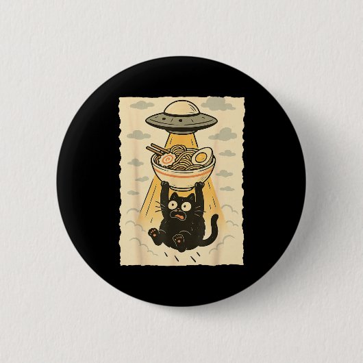 Funny Black Cat Ufo Ramen Alien Abduction Graphic  Ronde Button 5,7 Cm (Voorkant)