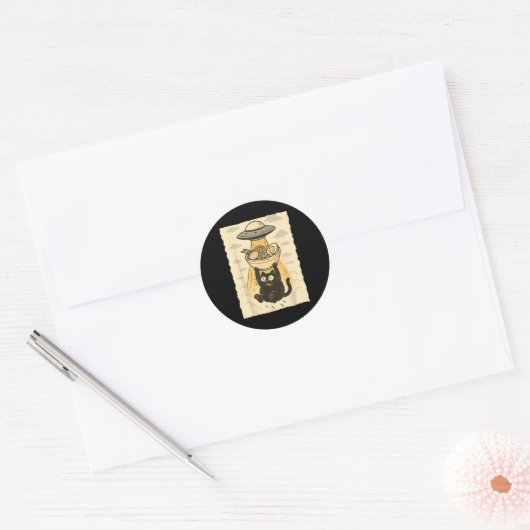 Funny Black Cat Ufo Ramen Alien Abduction Graphic  Ronde Sticker (Envelop)