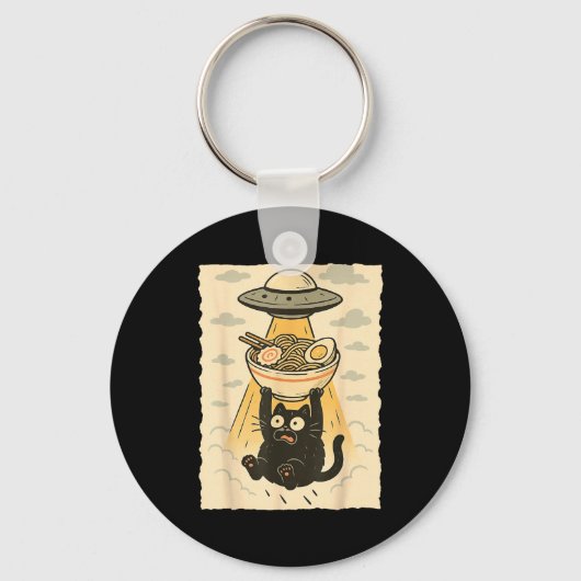Funny Black Cat Ufo Ramen Alien Abduction Graphic  Sleutelhanger (Voorkant)