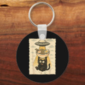 Funny Black Cat Ufo Ramen Alien Abduction Graphic  Sleutelhanger (Voorkant)