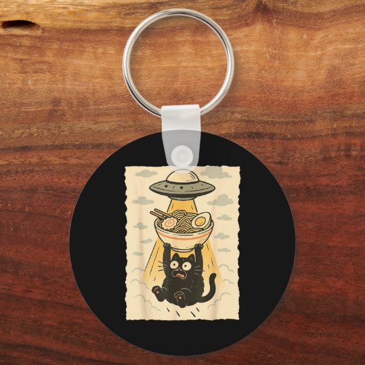 Funny Black Cat Ufo Ramen Alien Abduction Graphic  Sleutelhanger (Voorkant)