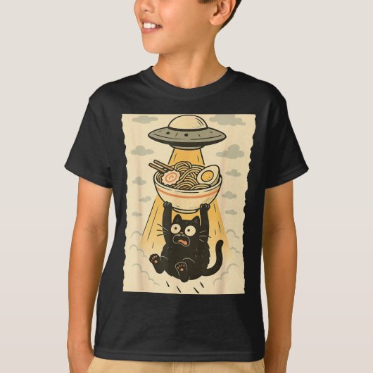 Funny Black Cat Ufo Ramen Alien Abduction Graphic T-shirt (Voorkant)