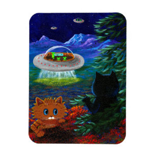 Funny Black Cat UFO Tabby Cat Flying Saucer Magneet