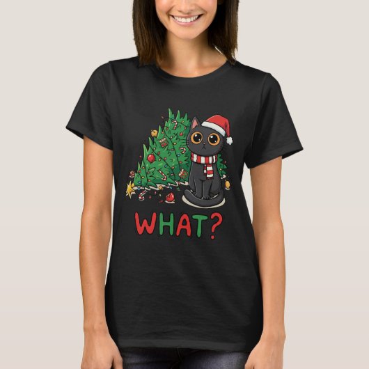 Funny Black Cat What? Christmas Tree Humor T-shirt (Voorkant)