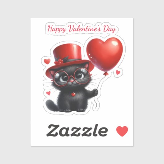 Funny Black Cat With Balloons Valentine's Day Sticker (Vel)