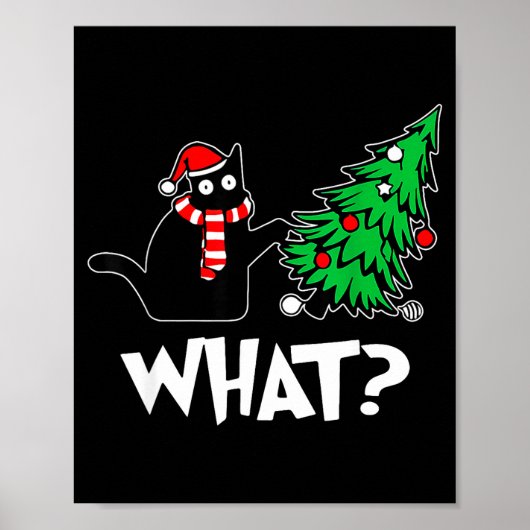 Funny Black Cat Xmas Pushing Christmas Tree Over C Poster (Voorkant)