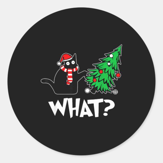 Funny Black Cat Xmas Pushing Christmas Tree Over C Ronde Sticker (Voorkant)