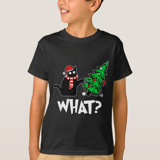 Funny Black Cat Xmas Pushing Christmas Tree Over C T-shirt (Voorkant)