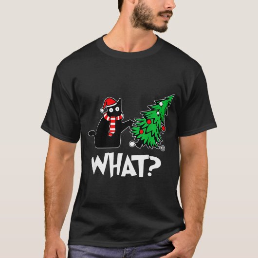 Funny Black Cat Xmas Pushing Christmas Tree Over C T-shirt (Voorkant)