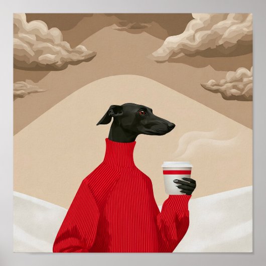 Funny Black Greyhound in Red Sweater Coffee Art Poster (Voorkant)