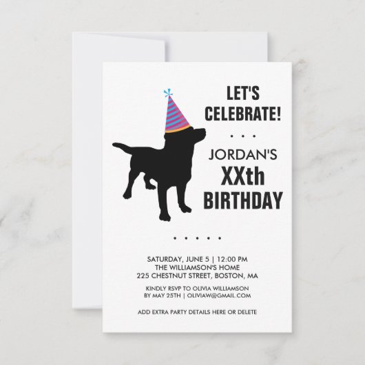 Funny Black Lab Dog Birthday Party Invitation Kaart (Voorkant)
