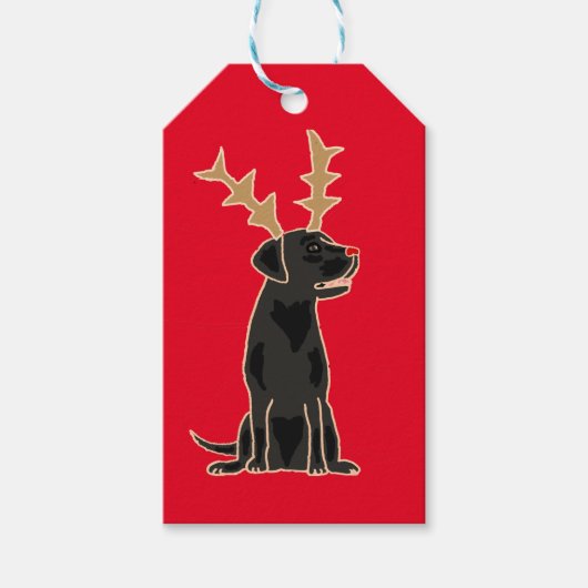 Funny Black Lab met Reindeer Antlers Kerstmis Cadeaulabel (Voorkant)