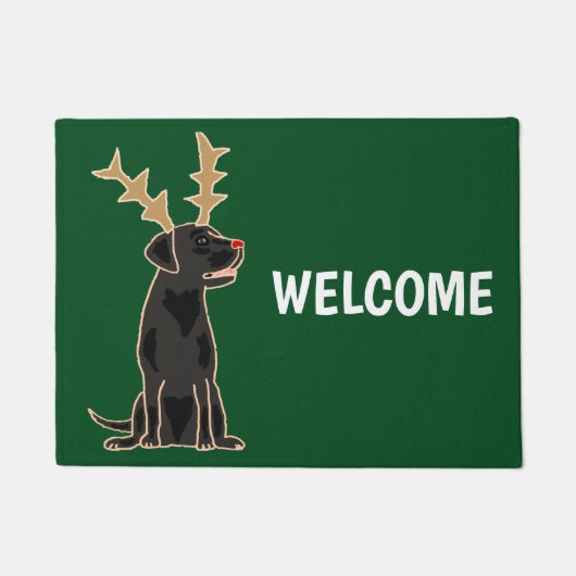 Funny Black Lab met Reindeer Antlers Kerstmis Deurmat (Voorkant)