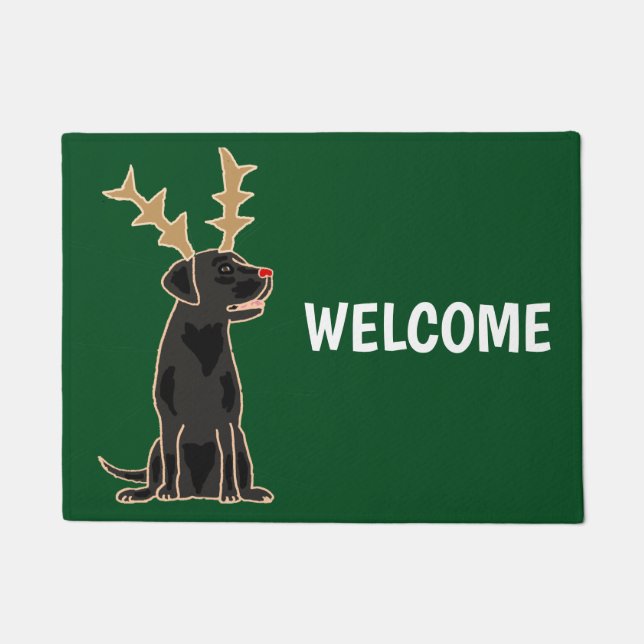 Funny Black Lab met Reindeer Antlers Kerstmis Deurmat (Voorkant)