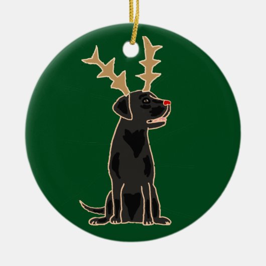 Funny Black Lab met Reindeer Antlers Kerstmis Keramisch Ornament (Voorkant)