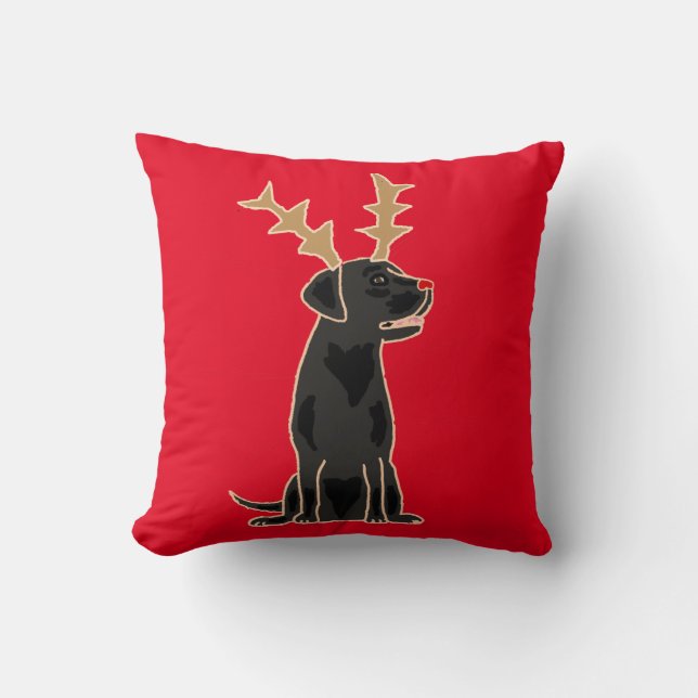 Funny Black Lab met Reindeer Antlers Kerstmis Kussen (Voorkant)