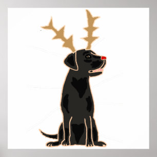 Funny Black Lab met Reindeer Antlers Kerstmis Poster