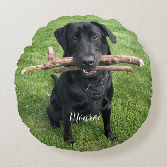 Funny Black Lab Pet Persoonlijke naam en foto Rond Kussen (Voorkant)